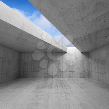 Empty room with concrete walls and blue sky in ceiling opening. Abstract modern minimal architecture background, square 3d illustration