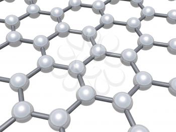 Graphene layer structure molecular model, hexagonal lattice made of carbon atoms isolated on white background, 3d render illustration