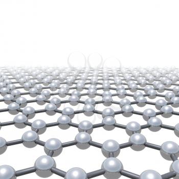 Graphene layer, schematic molecular model, hexagonal lattice made of carbon atoms isolated on white background, 3d render illustration