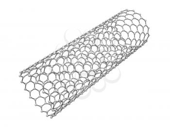 Carbon nanotubes molecular structure, atoms in wrapped hexagonal lattice isolated on white background, 3d render illustration