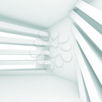 Abstract interior background. White room with pattern of stripe beams. Blue toned square 3d illustration