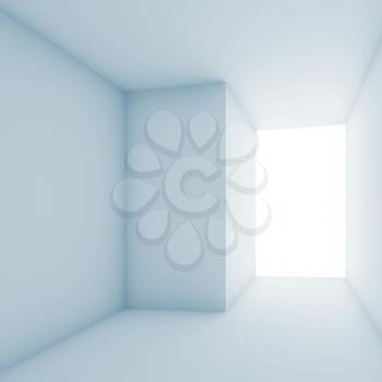 Abstract empty interior, empty room with corners and a daylight illumination from blank window. Blue toned square 3d illustration