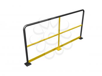 Side view of yellow and black steel industrial handrail railing section isolated on white background. 3d render illustration