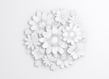 Round white paper flowers decoration, bridal greeting card, ornamental background. Digital 3d render illustration