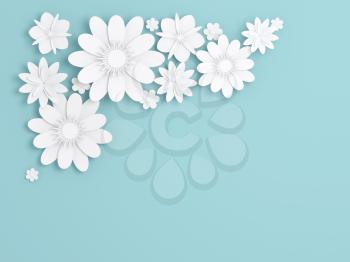White paper flowers decoration over blue background, bridal greeting card, ornamental composition. Digital 3d render illustration