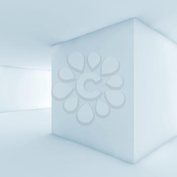 Abstract white empty interior with cubic column, contemporary design. Square blue toned 3d render illustration