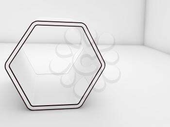Empty white hexagonal stand with black contours in blank room interior, 3d illustration