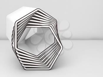 Abstract white installation art object with black contours in empty room interior, 3d render illustration