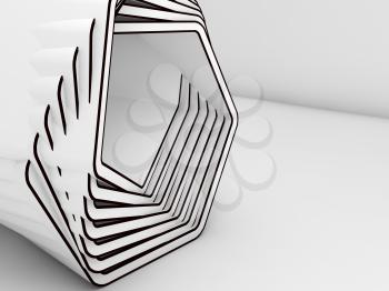 Abstract white installation object with black contours in empty room interior, 3d render illustration