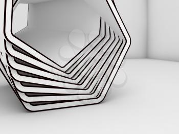 Abstract white installation with black contours in empty room interior, 3d render illustration