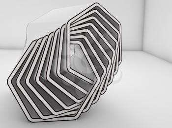 Abstract white geometric installation object with black contour in empty room interior, 3d render illustration