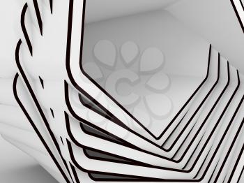 Abstract white geometric installation fragment with black contour, 3d render illustration