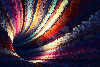 Colorful abstract digital background, empty bent triangulated tunnel, 3d render illustration