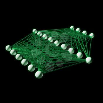 Artificial neural network structure model toned in green isolated on black, 3d render illustration