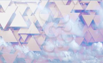 Abstract digital background, triangular pattern over cloudy sky, High-tech 3d render illustration