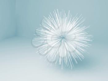 Abstract star shaped white object in blue empty room interior, 3d render