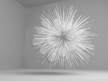 Abstract exploded star shaped white object flying in empty room, 3d render illustration