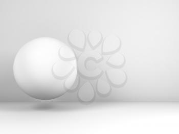 White sphere object flying over abstract white interior background, 3d render illustration