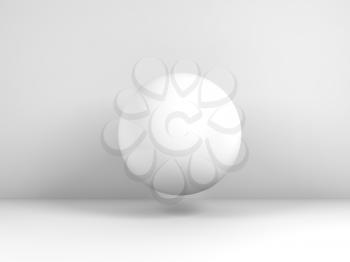 White sphere object flying in the middle of an abstract white interior background, 3d render illustration