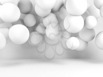 Group of white spheres flying in abstract empty room. Digital background, 3d render illustration