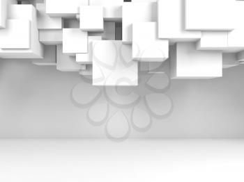 Abstract white digital background with  flying cubes composition in empty room interior. 3d render illustration