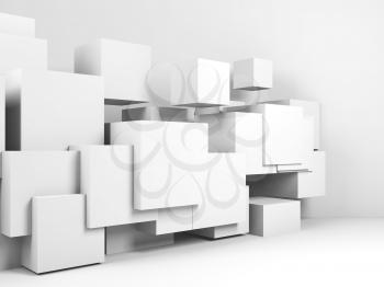 Abstract white interior background with  cubes installation in empty room. 3d render illustration