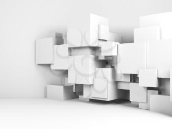 Abstract white interior background with  cubes installation in empty room. 3d illustration