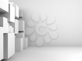 Abstract empty white interior background with  cubes installation. 3d render illustration