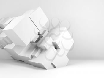 Abstract white digital background with  composition of white cubes in empty room interior. 3d render