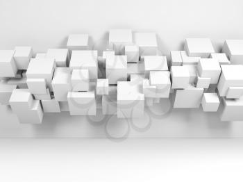 Installation of flying cubes in empty room interior. Abstract white background. 3d render illustration