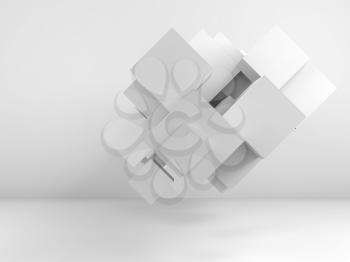 Abstract white background with  installation of white cubes in empty room interior. 3d render illustration