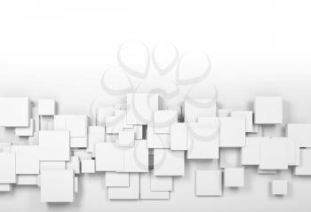 Abstract installation of random squares structure over white wall background. 3d illustration
