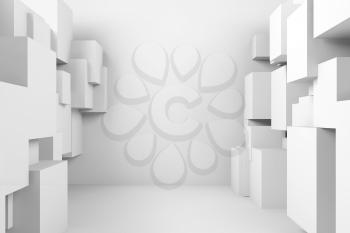 Abstract empty white interior background with side installations of random cubes structures. 3d illustration