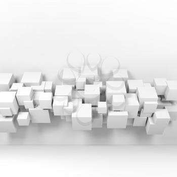 Installation of random cubes structure in empty room interior. Abstract white background. 3d illustration