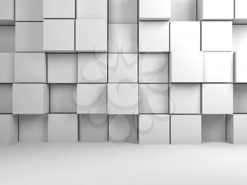 Abstract white digital background, wall installation of random extrudes cubes in empty room interior. Front view. 3d render illustration