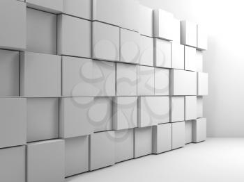 Abstract white digital interior, wall installation of random extrudes cubes in empty room. 3d render illustration