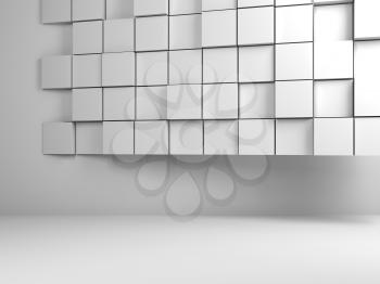 Abstract white interior background with  random extruded cubes panel in empty room. 3d render illustration