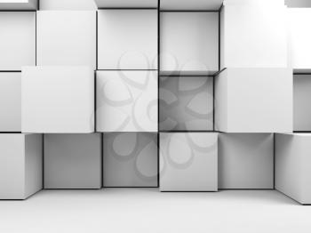 Abstract white digital background, installation of random extrudes cubes in empty room interior. Front view. 3d render illustration