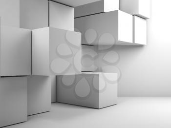 Abstract white interior with random extruded cubes installation in empty room. 3d render illustration
