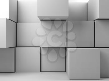 Abstract white background with installation of random extrudes cubes in empty room interior. 3d render illustration