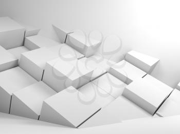 Abstract white digital background with  random extruded cubes decoration structure in empty room. 3d render illustration