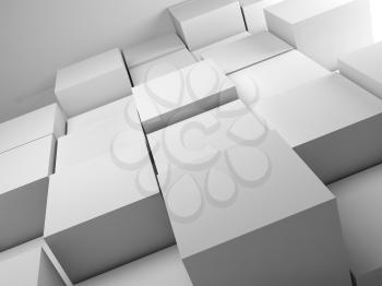 Abstract white random extruded cubes installation in empty room. 3d illustration