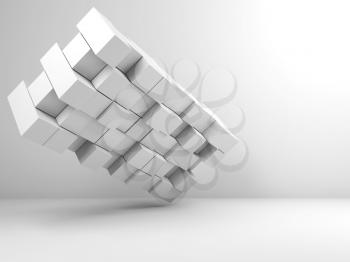 Abstract white random extruded cubes object in empty interior background. 3d illustration