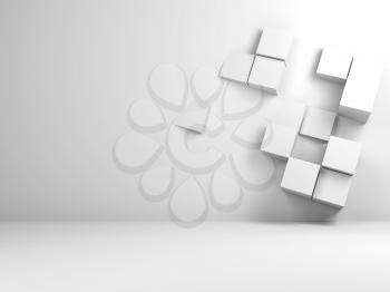 Abstract white interior background with  random extruded cubes installation on empty wall. 3d illustration