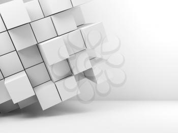 Abstract white interior background with  random extruded cubes installation in empty room. 3d illustration