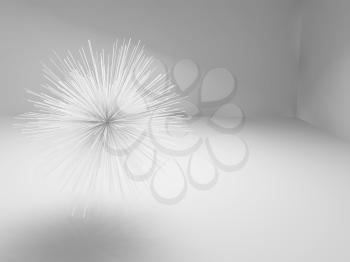Abstract sharp star shaped white object flying in empty room, 3d illustration