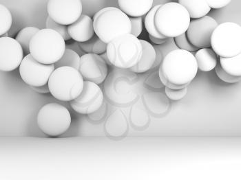Group of white round objects flying in abstract empty room. Digital background, 3d render illustration