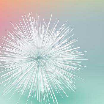 Abstract white random radial explosion object over colorful background. Square 3d illustration