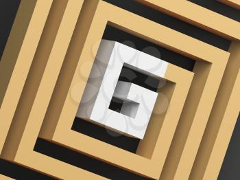 Abstract yellow square spiral with white section in shape of G letter, 3d render illustration