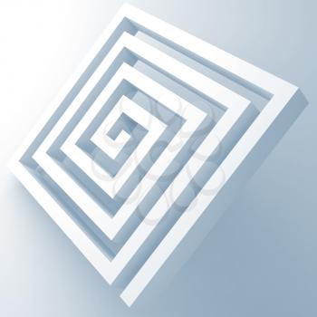 Abstract white square spiral maze object on light blue background, 3d render illustration